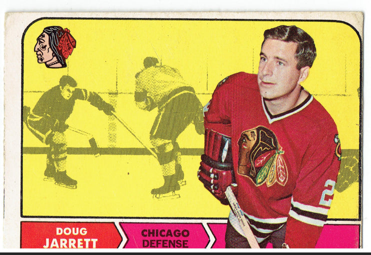 Vintage hockey trading card featuring Doug Jarrett of the Chicago Blackhawks on a yellow background with black and red accents.