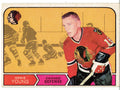 Vintage hockey trading card of Howie Young in a Chicago Blackhawks jersey with game action illustration.