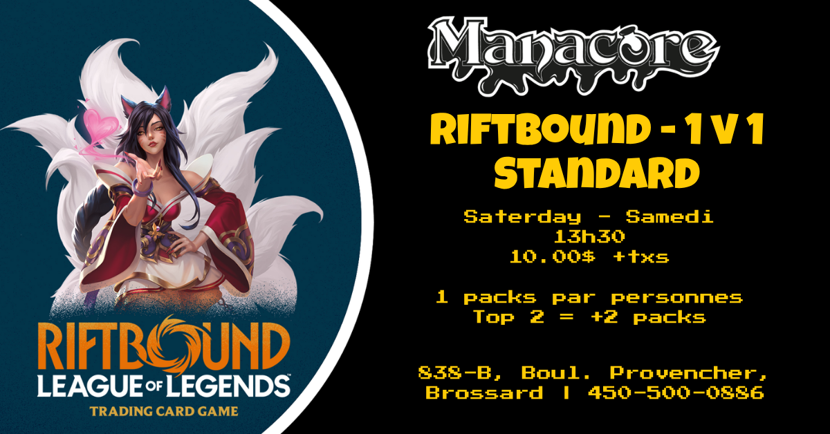 29/08/2026 -  Riftbound Samedis 1v1 - Compétitif