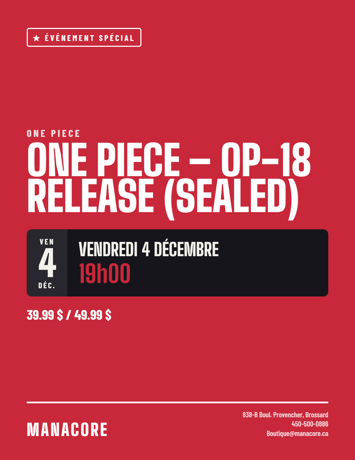 One Piece Card Game OP-18 Sealed Release Event poster at Manacore, Friday, December 4, 2026 at 7:00 PM