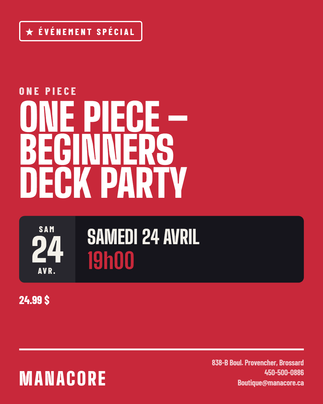 Affiche de la Beginners Deck Party One Piece Card Game chez Manacore, le samedi 24 avril 2027 à 19h00