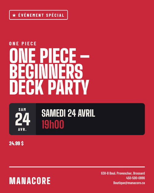 Affiche de la Beginners Deck Party One Piece Card Game chez Manacore, le samedi 24 avril 2027 à 19h00